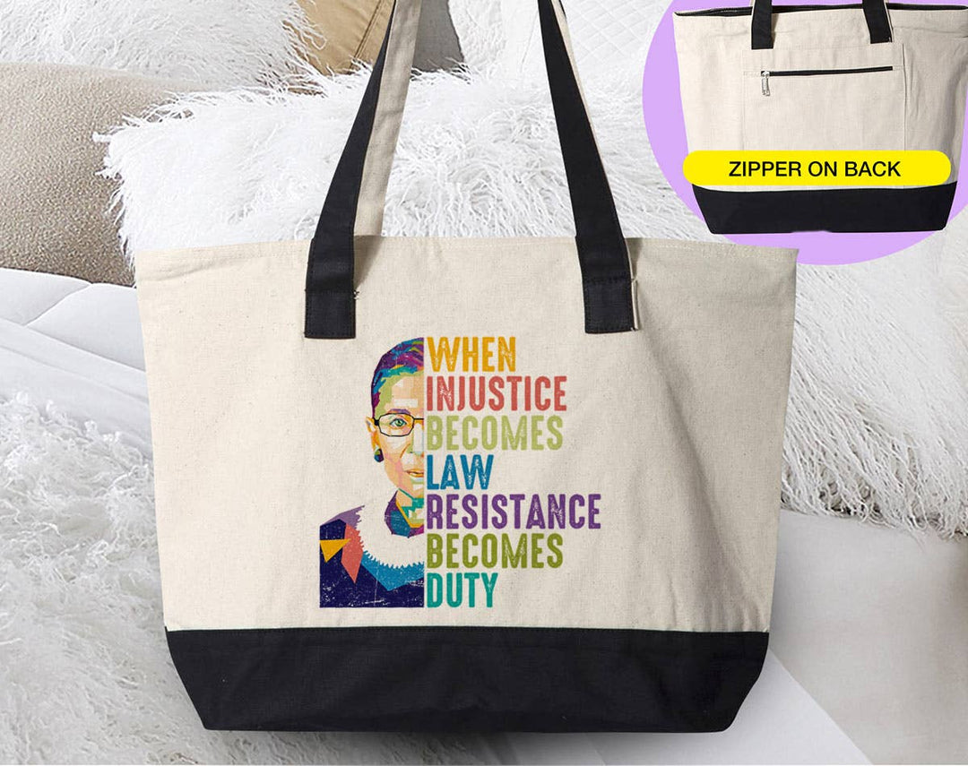 "When Injustice Becomes Law" design on a natural canvas zippered tote bag