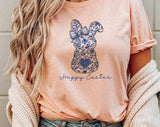 "Happy Easter Blue Bunny" design on a peach unisex t-shirt