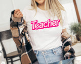 "Teacher Pink Logo" design on a white unisex t-shirt