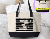 "Everything Is Fine Trust Your Government Satire" design on a natural canvas zippered tote bag