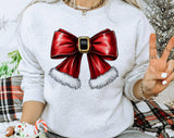 "Christmas Coquette Bow" design on an ash gray unisex crewneck sweatshirt