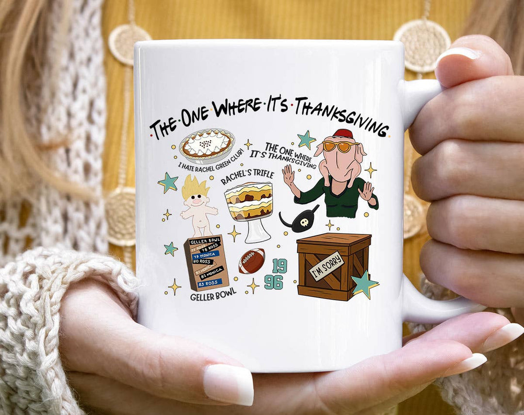 "The One Where Its Thanksgiving Friends" fall design on a white coffee mug
