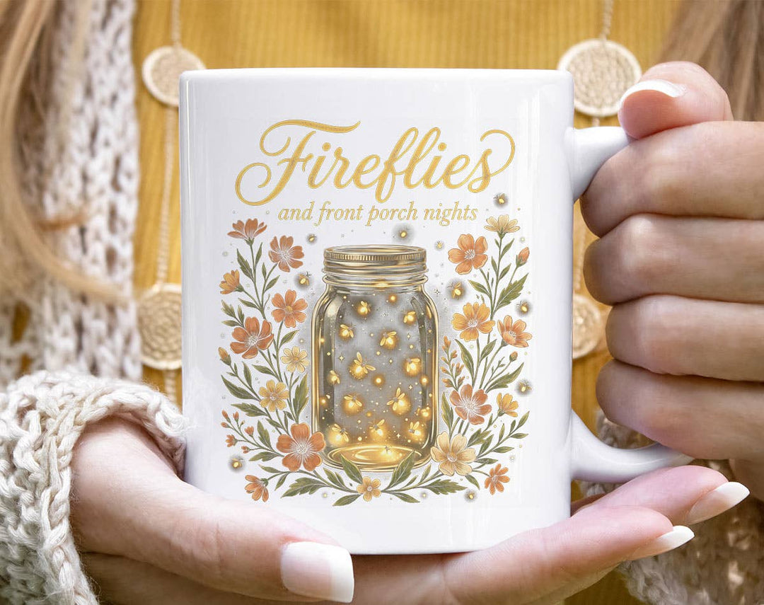 "Fireflies And Front Porch Nights Summer Flower" design on a white ceramic coffee mug