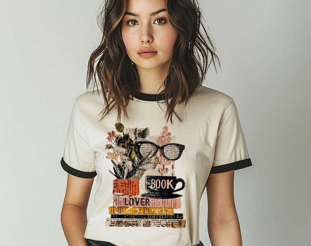 "Book Lover Collage Glasses" design on a natural ringer t-shirt with black contrast trim