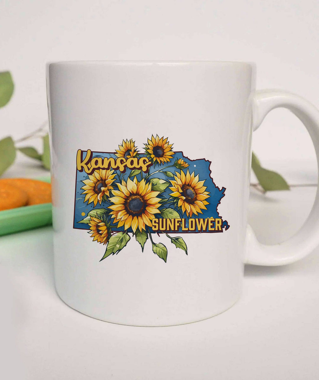 "Kansas State Flower Sunflower" design on a white ceramic coffee mug