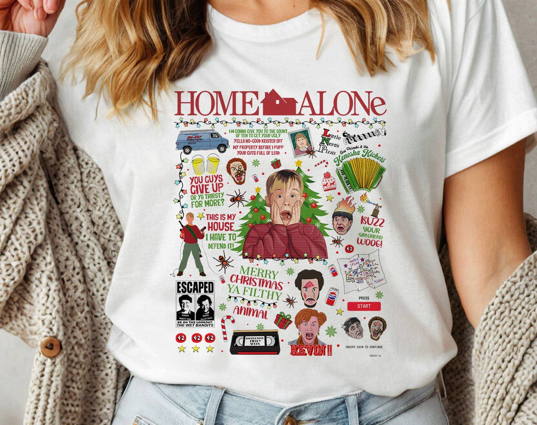 "Home Alone Christmas Collage" design on a white unisex t-shirt