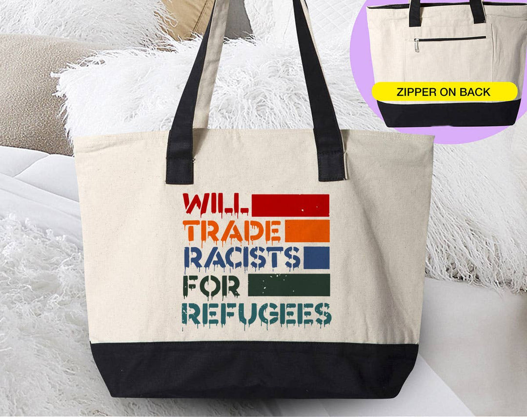 "Will Trade For" design on a natural canvas zippered tote bag
