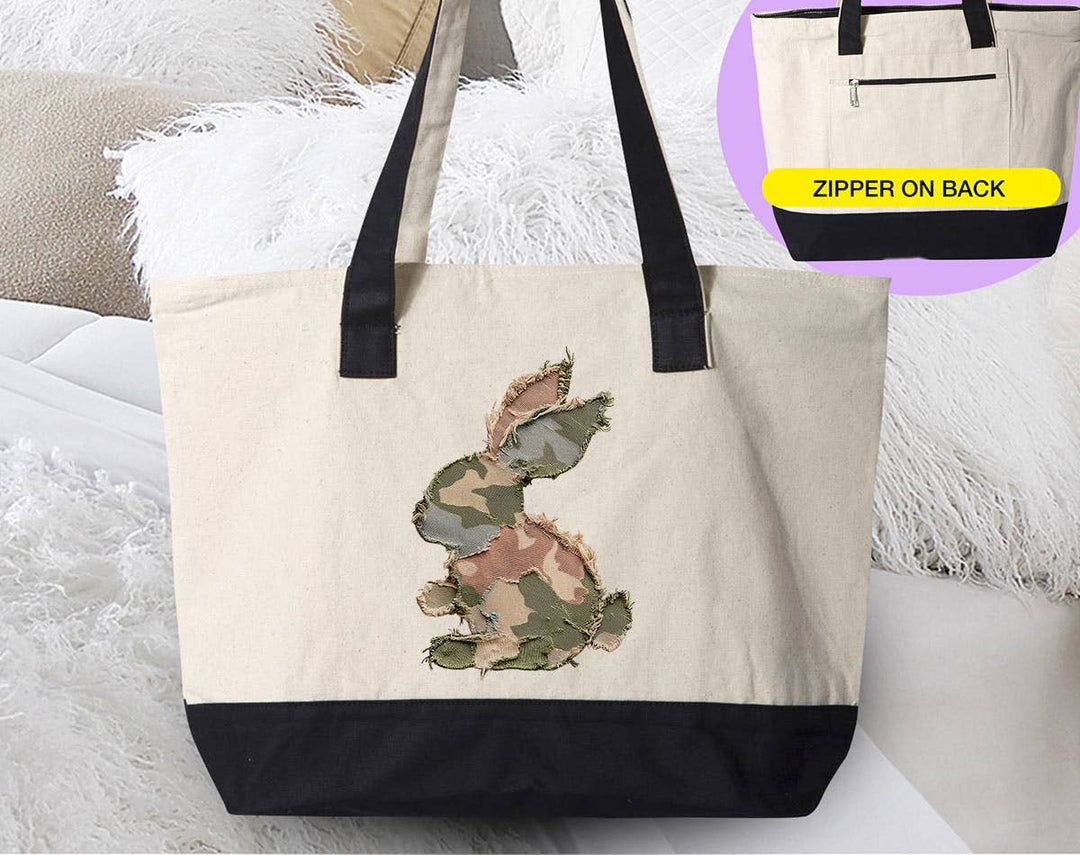 "Camo Bunny Patchwork" design on a natural canvas zippered tote bag