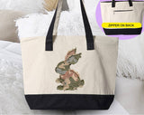"Camo Bunny Patchwork" design on a natural canvas zippered tote bag