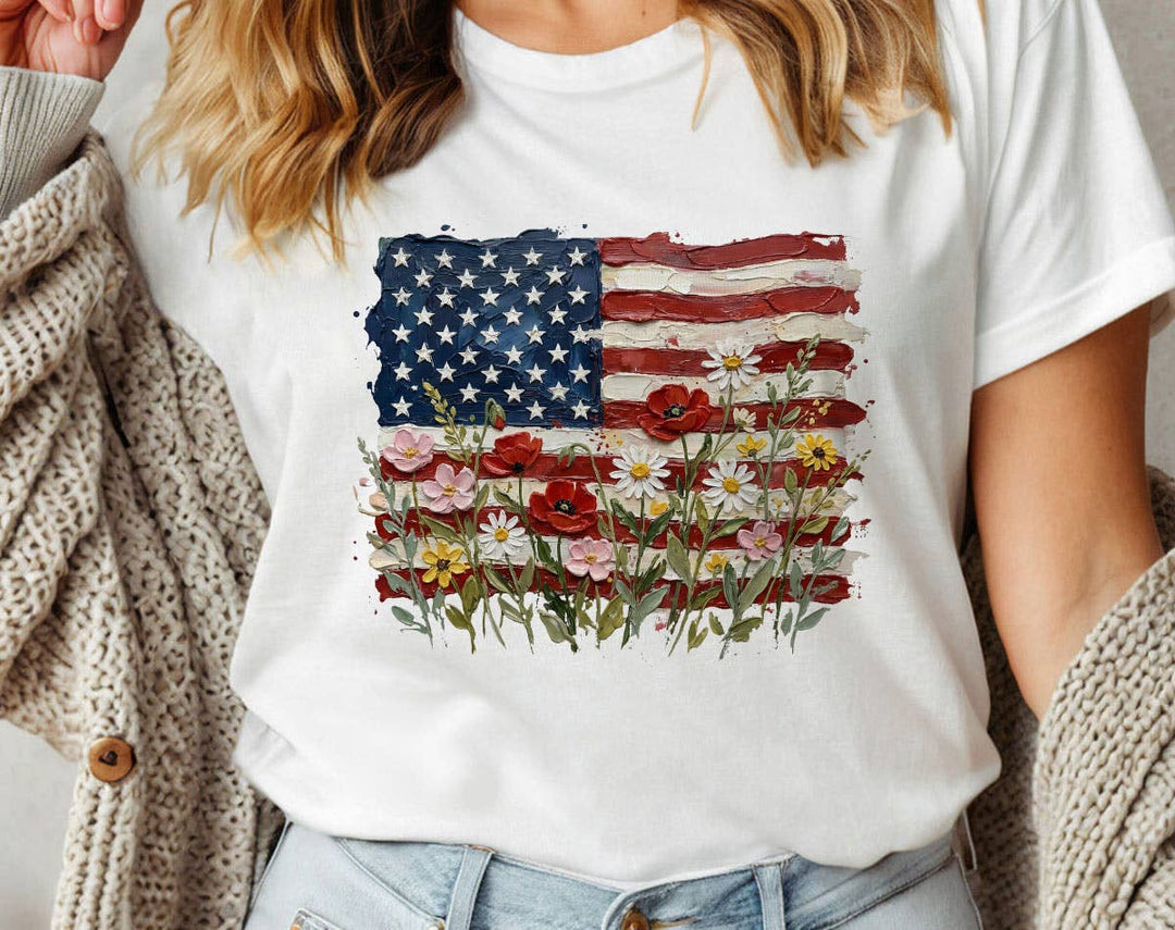 "American Flag Floral Painting" design on a white unisex t-shirt