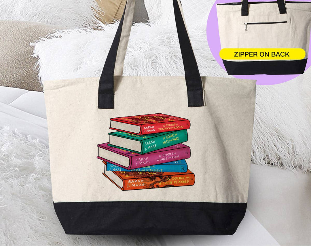 "A Court Of Thorn And Roses" design on a natural canvas zippered tote bag