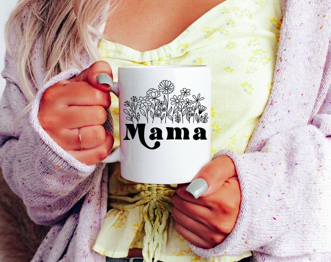 "Mama Wildflower" design on a white ceramic coffee mug