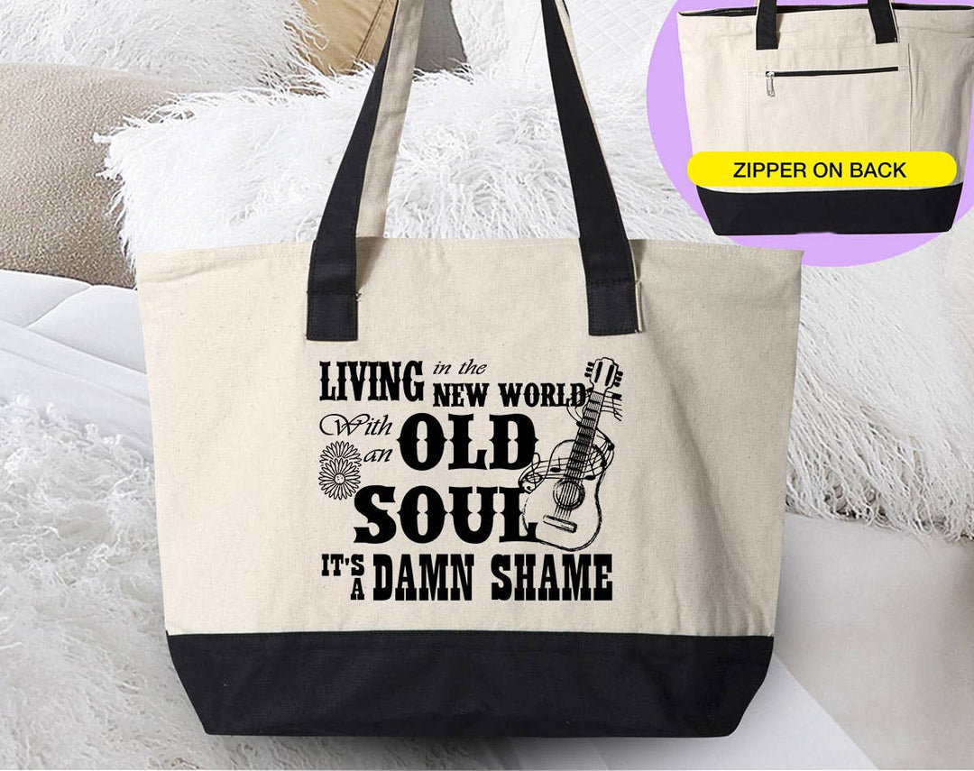 "Old Soul Oliver Anthony Inspired" design on a natural canvas zippered tote bag