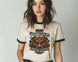 "Pottsfield Harvest Festival" design on a natural ringer t-shirt with black contrast trim