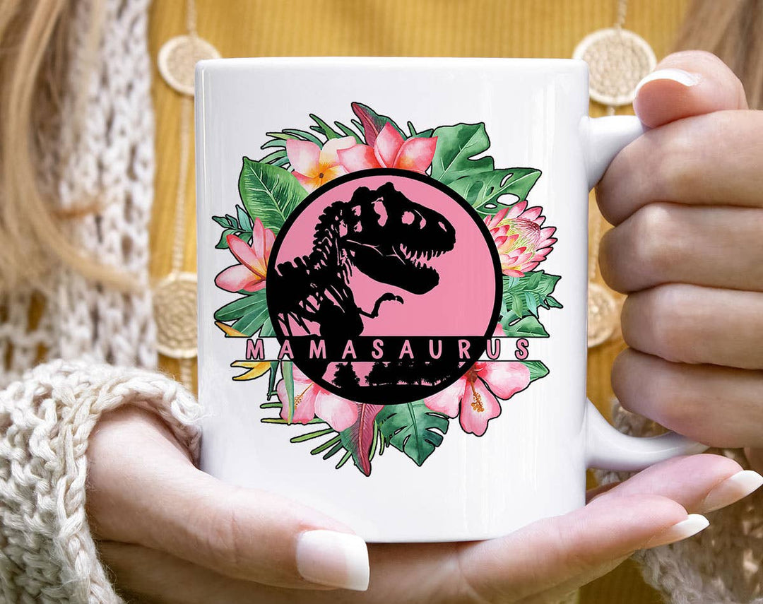 "Mamasaurus Flowers" design on a white ceramic coffee mug