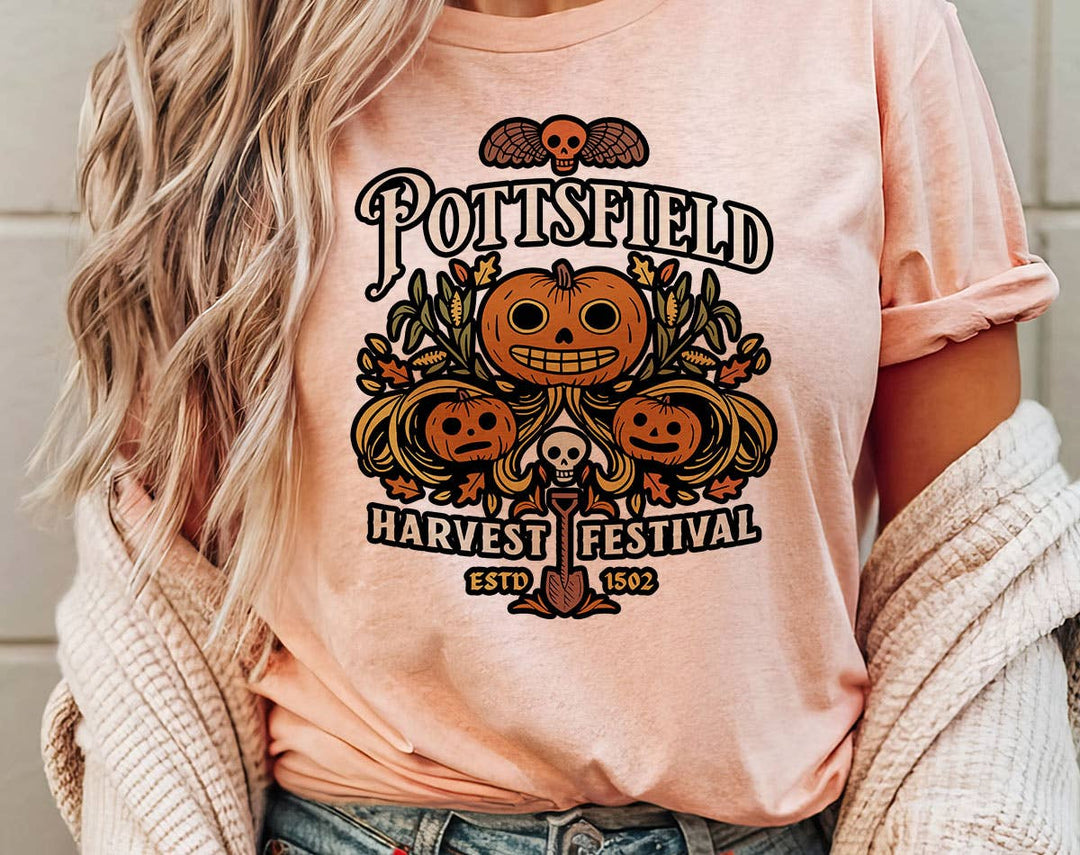 "Pottsfield Harvest Festival" design on a peach unisex t-shirt