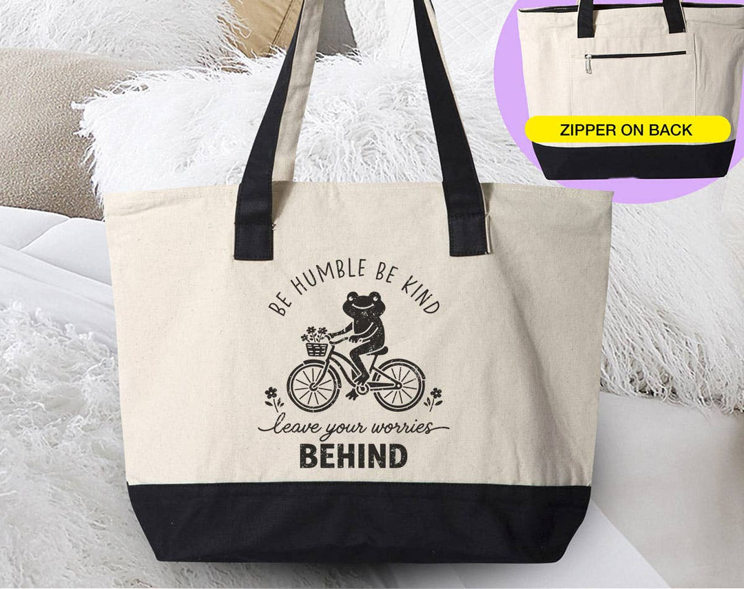 "Be Humble Be Kind Leave Worries Frog Bicycle" design on a natural canvas zippered tote bag