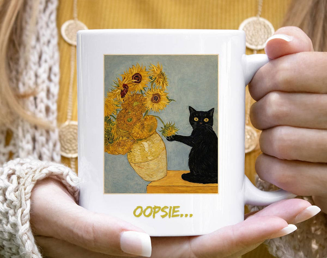 "Oopsie Van Gogh Sunflowers Black" design on a white ceramic coffee mug