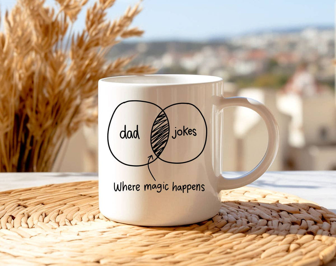 "Dad Jokes Diagram" design on a white ceramic coffee mug