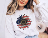 "Sunflower American Flag" design on an ash gray unisex crewneck sweatshirt