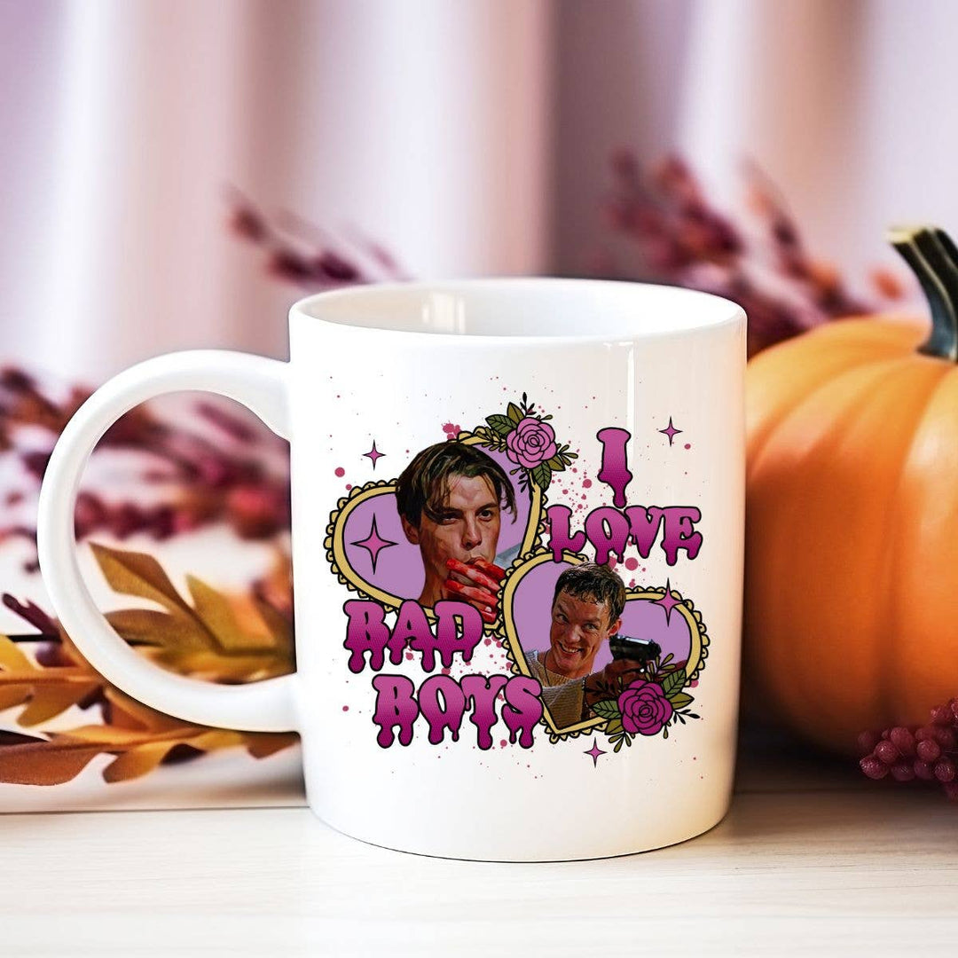"I Love Bad Boys Scream" Halloween design on a white coffee mug