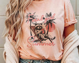 "Feral Girl Summer Raccoon Palm Tree" design on a peach unisex t-shirt
