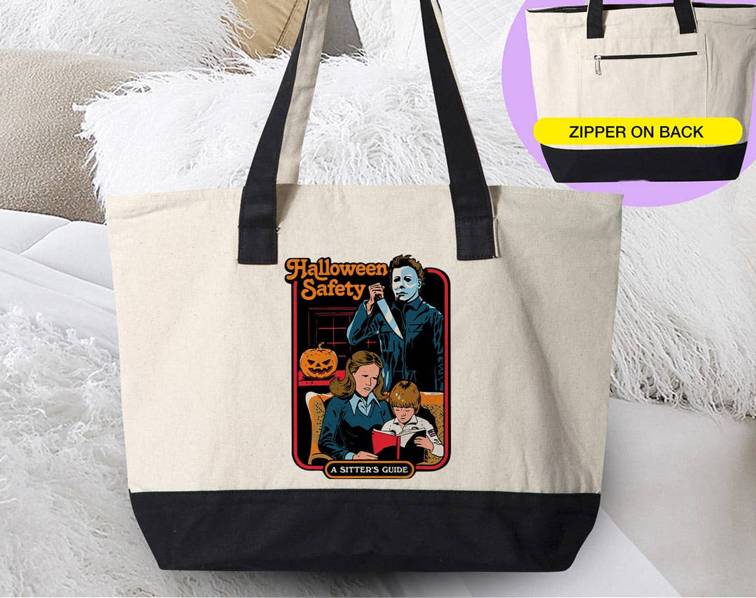 "Halloween Safety" design on a natural canvas zippered tote bag