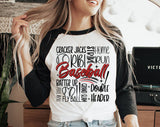 "Baseball Text Collage" design on a white baseball raglan tee with black sleeves
