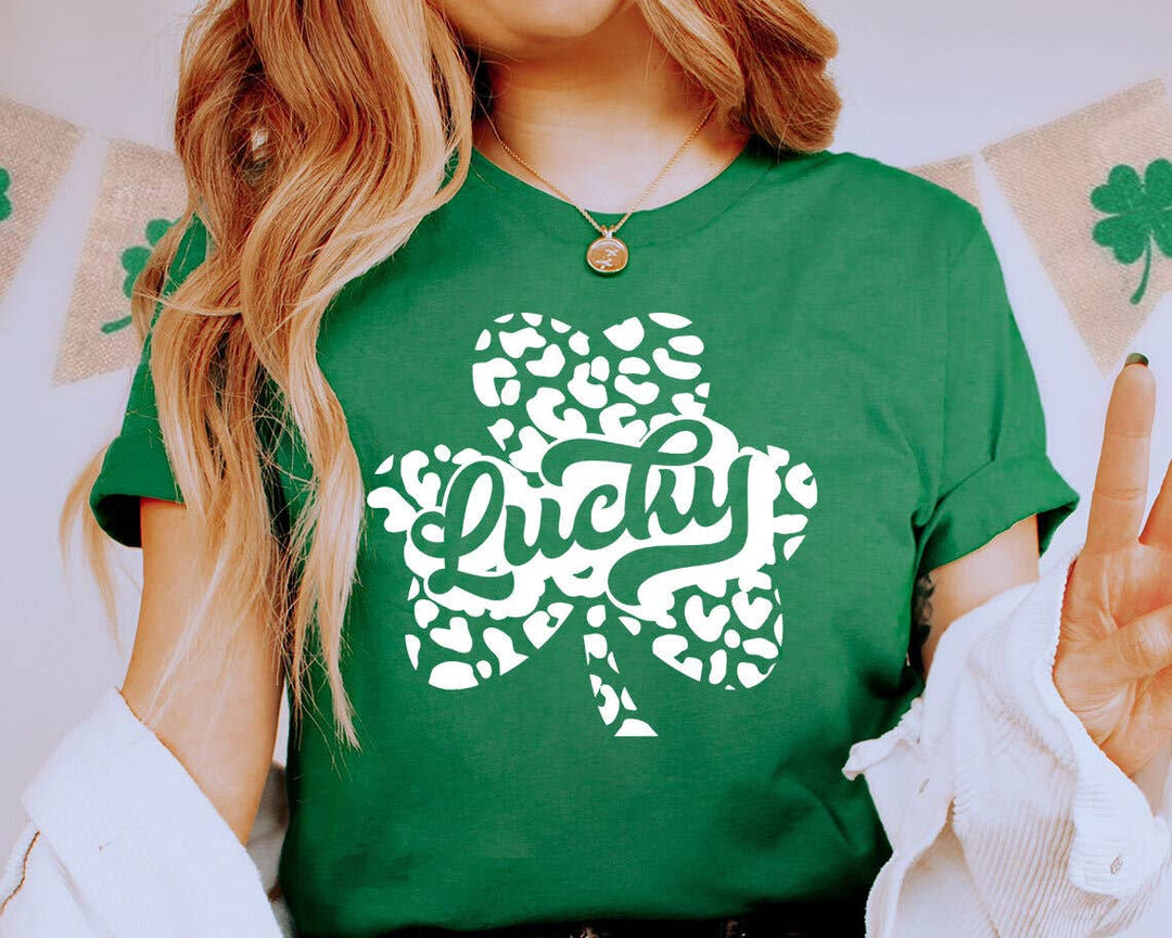 "Lucky Leopard Clover" design on a heather green unisex t-shirt