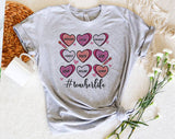 "Teacher Life Hearts" design on a heather gray unisex t-shirt