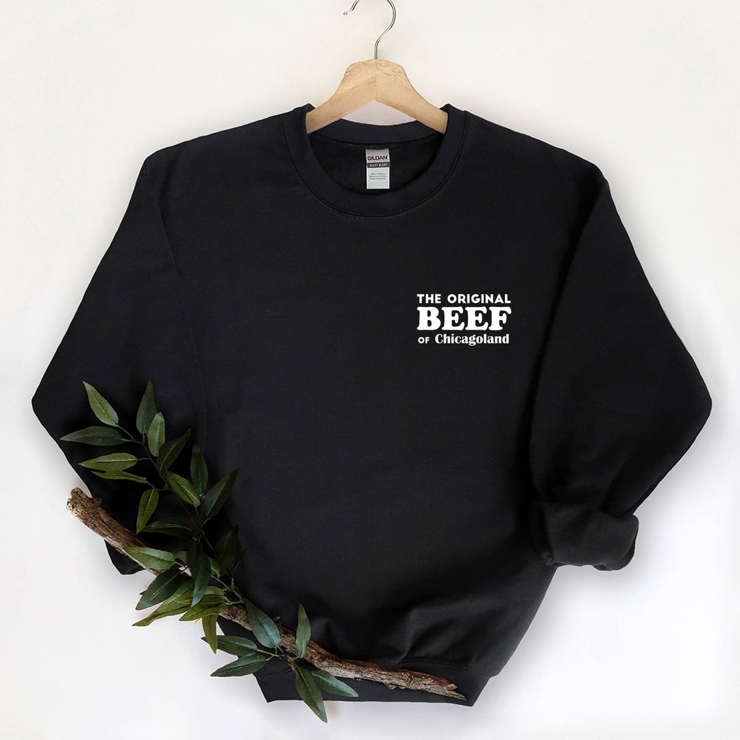 "The Beef Of Chicago" design on a black unisex crewneck sweatshirt