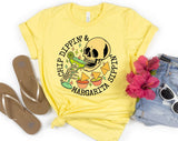 "Chippin' And Dippin' Margarita Sippin'" design on a pale yellow unisex t-shirt