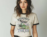 "Midnight Toker Hippie" design on a natural ringer t-shirt with black contrast trim