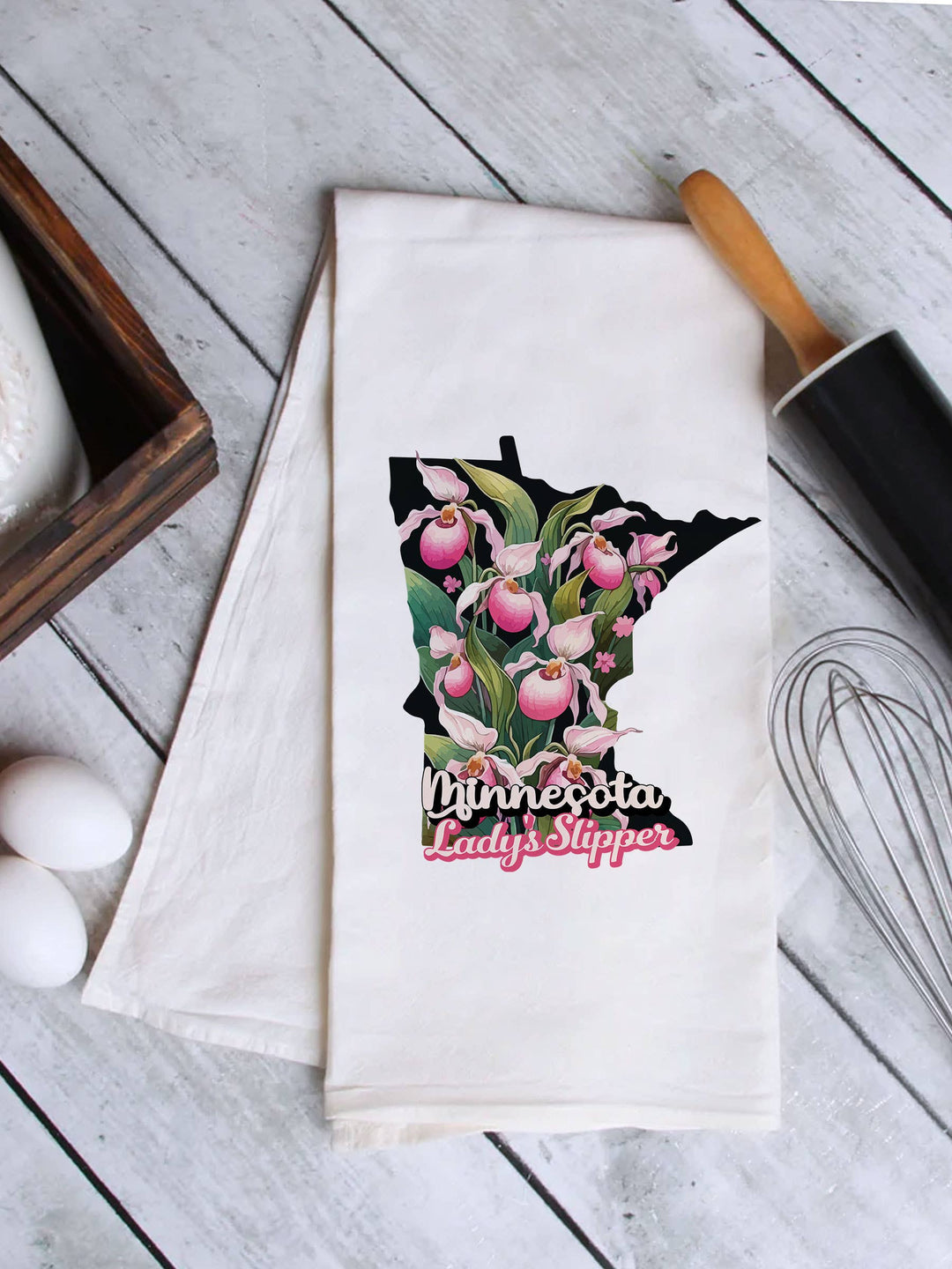 "Minnesota State Flower Lady's Slipper" design on a white 28 x 28 inch flour sack tea towel