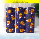 "Candy Corn" design on a 20 oz skinny tumbler with lid and straw