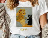 "Oopsie Van Gogh Sunflowers Black Cat" design on a white unisex t-shirt