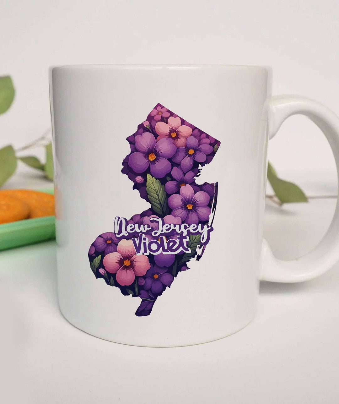 "New Jersey State Flower Violet" design on a white ceramic coffee mug