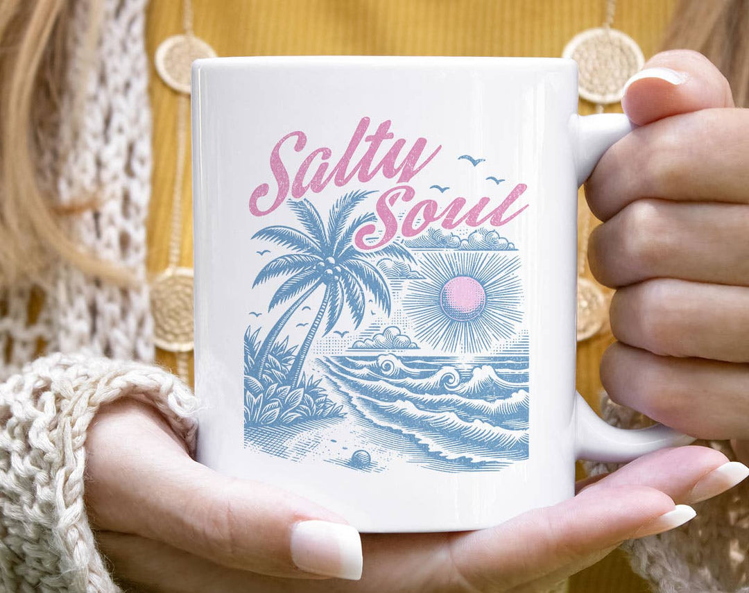 "Salty Soul Beach Palm Tree" design on a white ceramic coffee mug