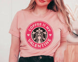 "Coffee Is My Valentine Pink Logo" design on a peach unisex t-shirt