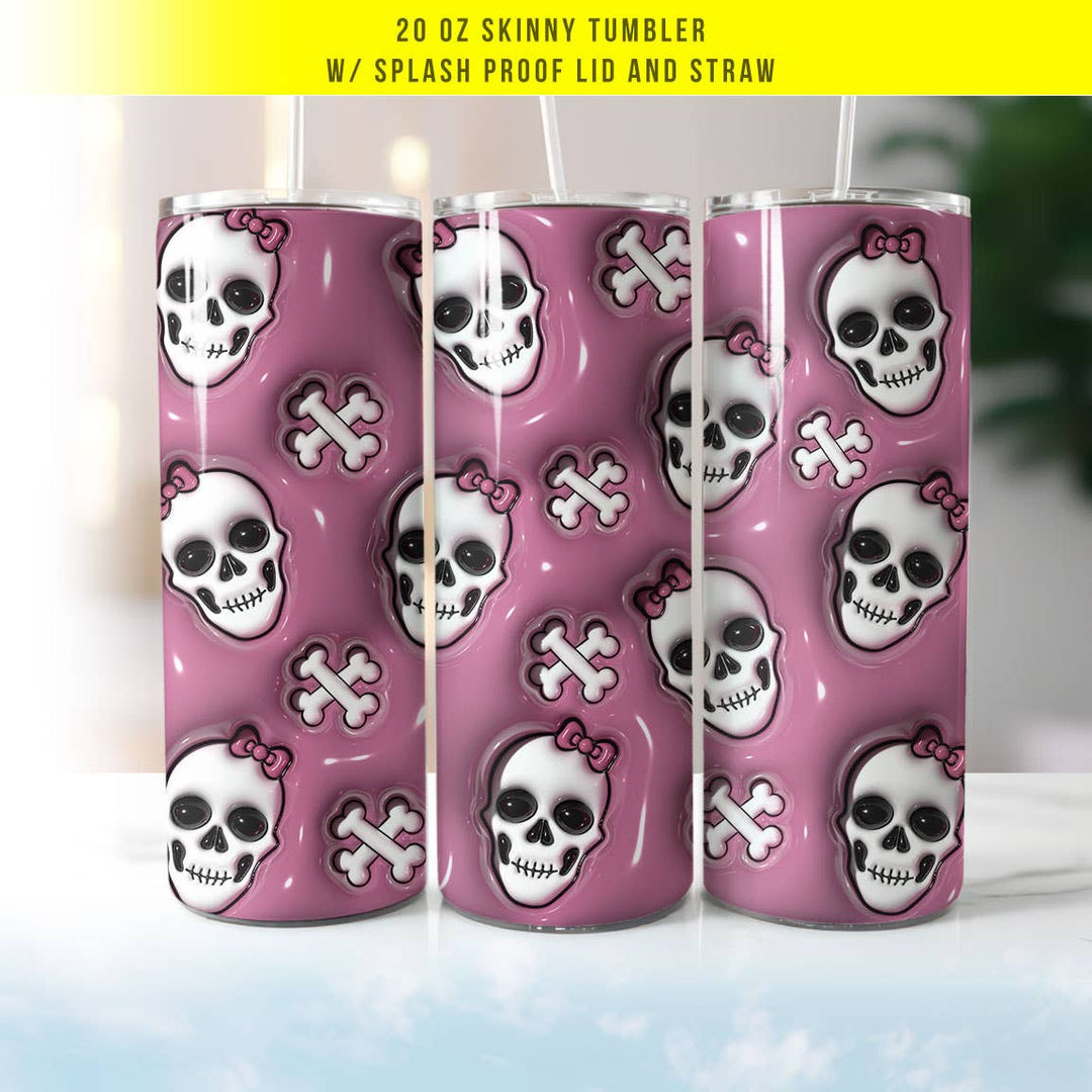 "Pink Skulls Hair Bow" design on a 20 oz skinny tumbler with lid and straw