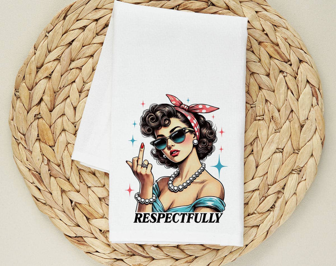"Respectfully Retro Lady" design on a white 28 x 28 inch flour sack tea towel