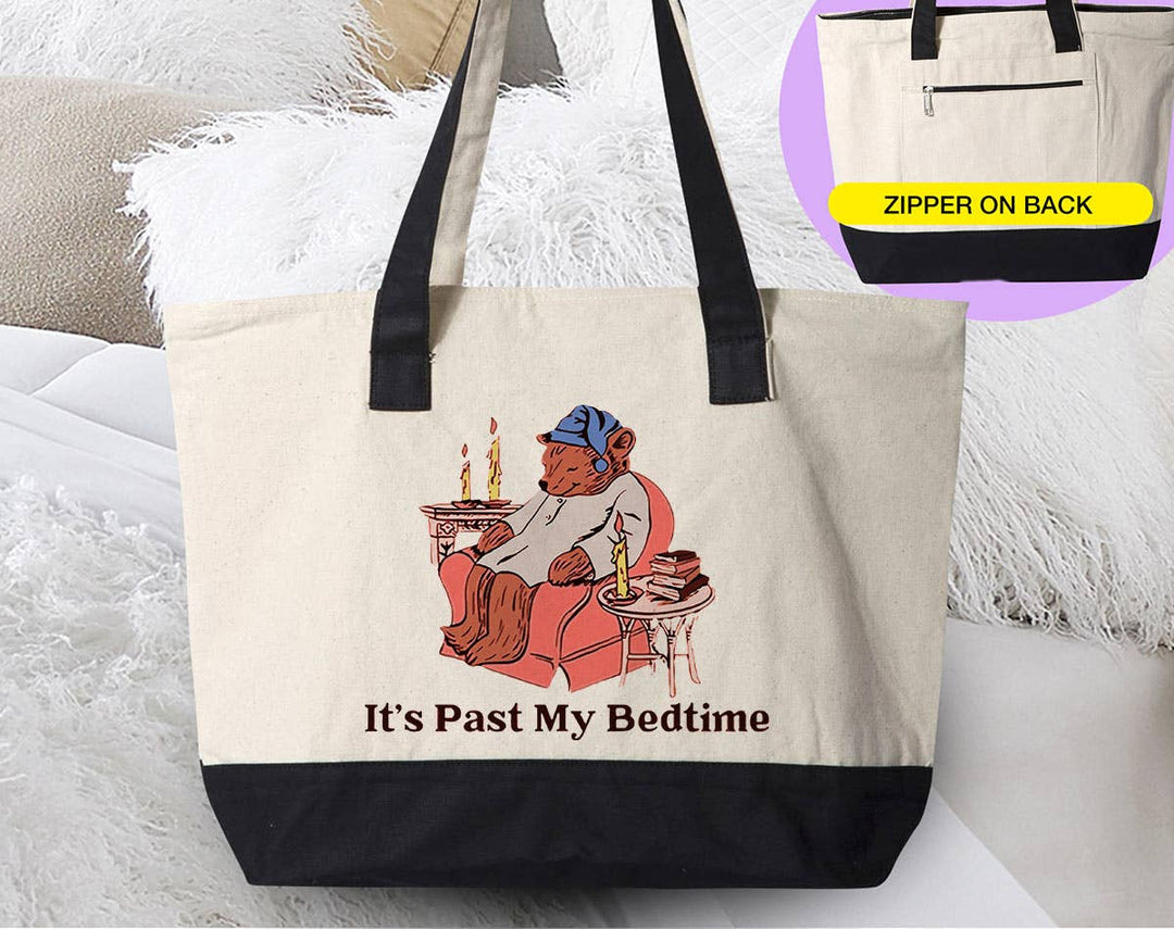 "It's Past My Bedtime Bear" design on a natural canvas zippered tote bag