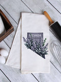"Nevada State Flower Sagebrush" design on a white 28 x 28 inch flour sack tea towel