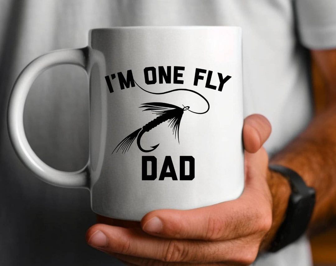 "I'm One Fly Dad" design on a white ceramic coffee mug