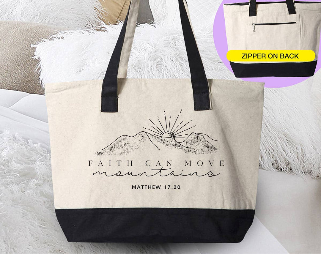"Faith Can Move Mountains" design on a natural canvas zippered tote bag