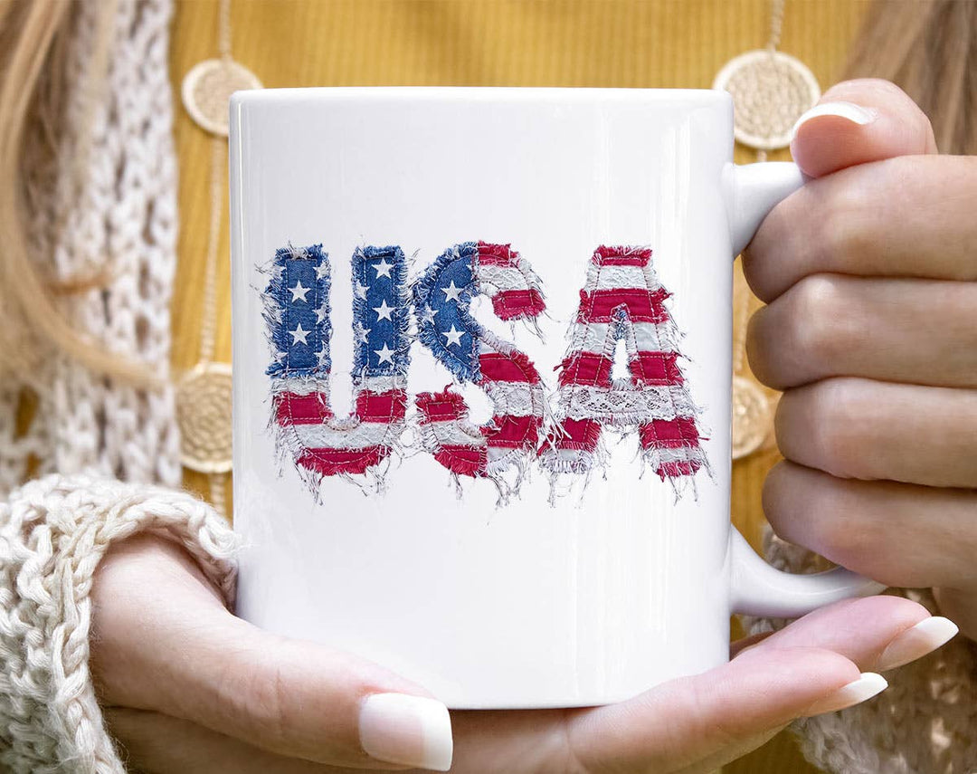 "USA Faux Patchwork" design on a white ceramic coffee mug