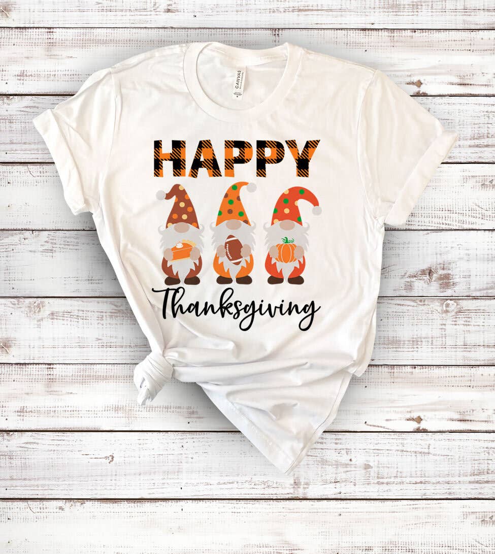 "Happy Gnome Thanksgiving" design on a white unisex t-shirt