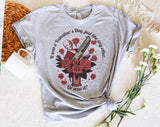 "True Crime Valentine" design on a heather gray unisex t-shirt