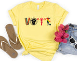 "Vote Rights Collage" design on a pale yellow unisex t-shirt
