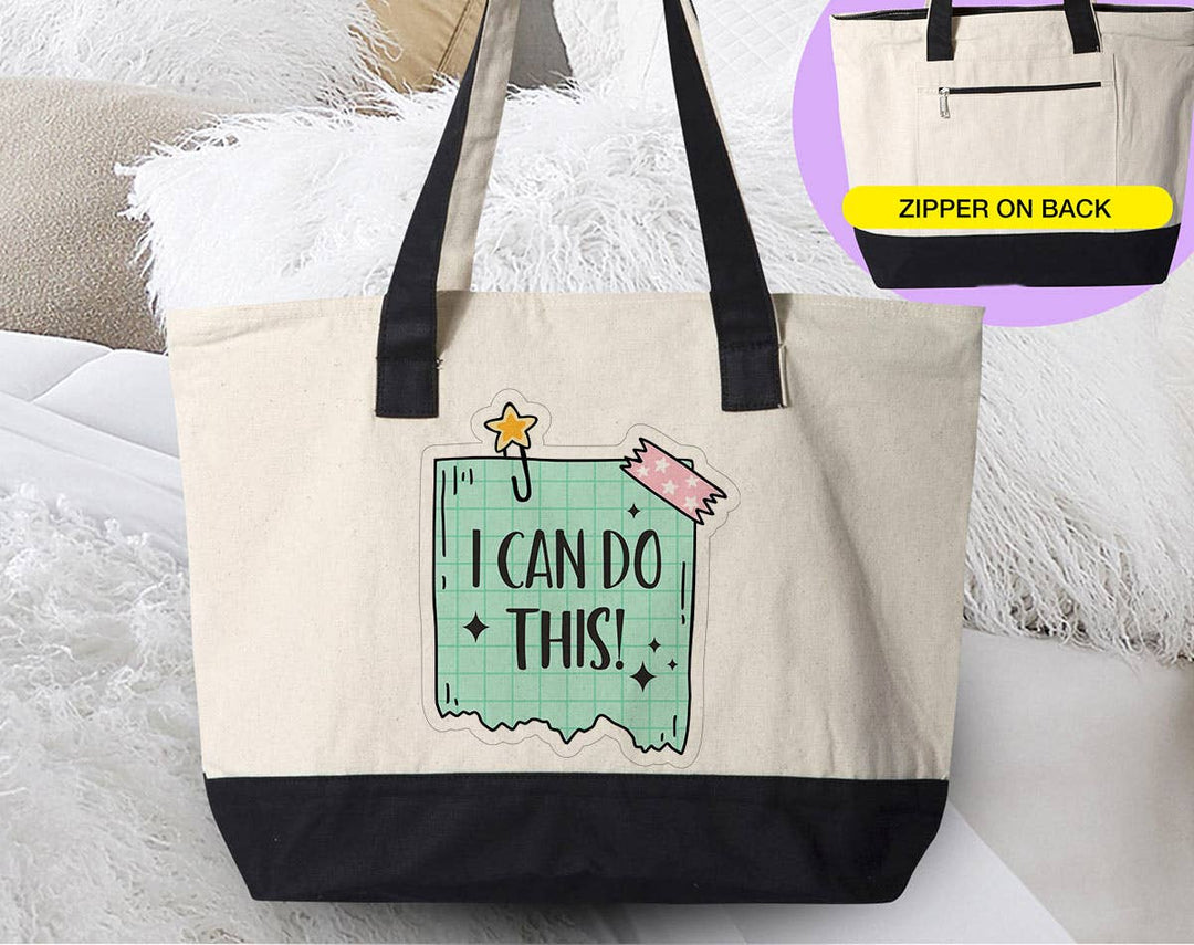 "I Can Do This" design on a natural canvas zippered tote bag